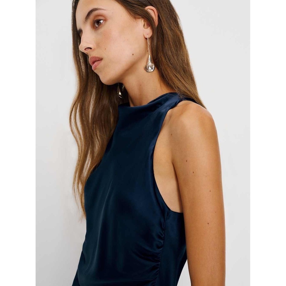 Reformation Anais Silk Maxi Dress Navy Blue Open Back High Neck Formal Gown NEW - Picture 2 of 7
